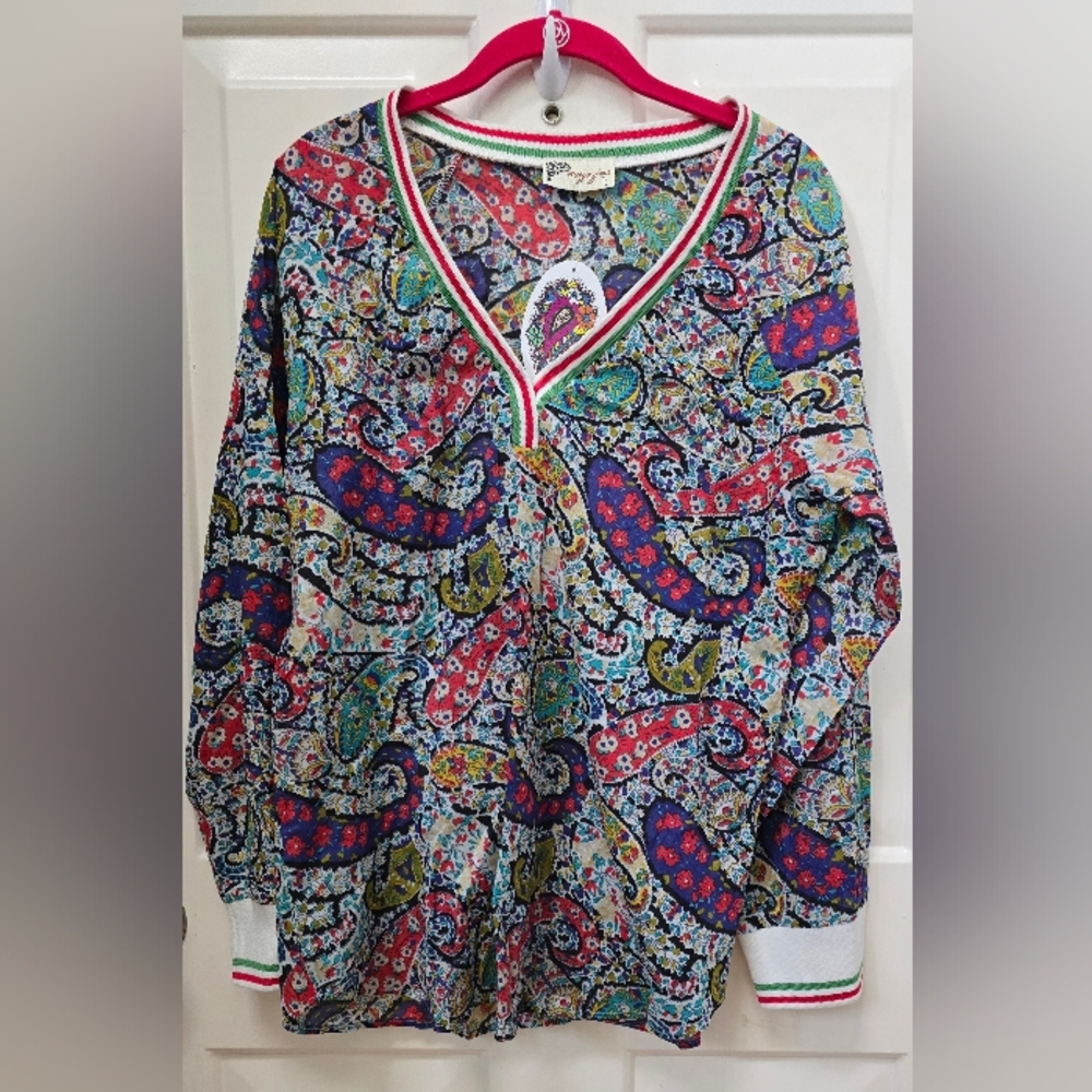 Magazine Brand Colorful Paisley V-Neck Boho Blouse with Striped Trim Size L-NWT